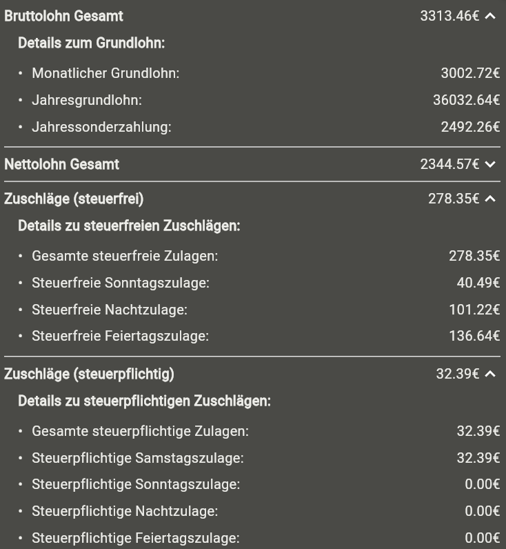 Ausgabefeld, Lohngruppe 5, Stufe 1, 8 Samstags-, 10 Sonntags-, 20 Nacht-, 5 Feiertagsstunden, Steuerklasse 1., Rechner Tutorial Beispiel